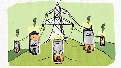 BBC/ Serenity Strull An illustration showing houses shaped as batteries feeding into an electricity pylon (Credit: BBC/ Serenity Strull)