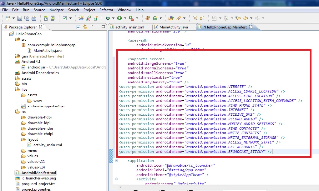 Android phonegape applicationmainfest