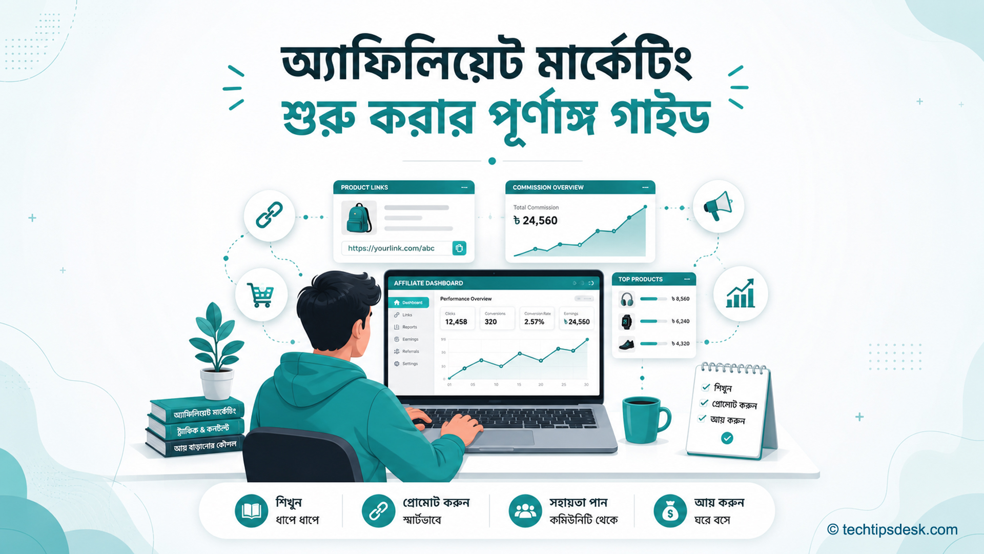 একজন ব্যক্তি ল্যাপটপে Affiliate Dashboard দেখে Product Link, কমিশন এবং কাজের ফলাফল পর্যবেক্ষণ করছেন বাংলাদেশে অ্যাফিলিয়েট মার্কেটিং শুরু করার ধাপে ধাপে পূর্ণাঙ্গ গাইড