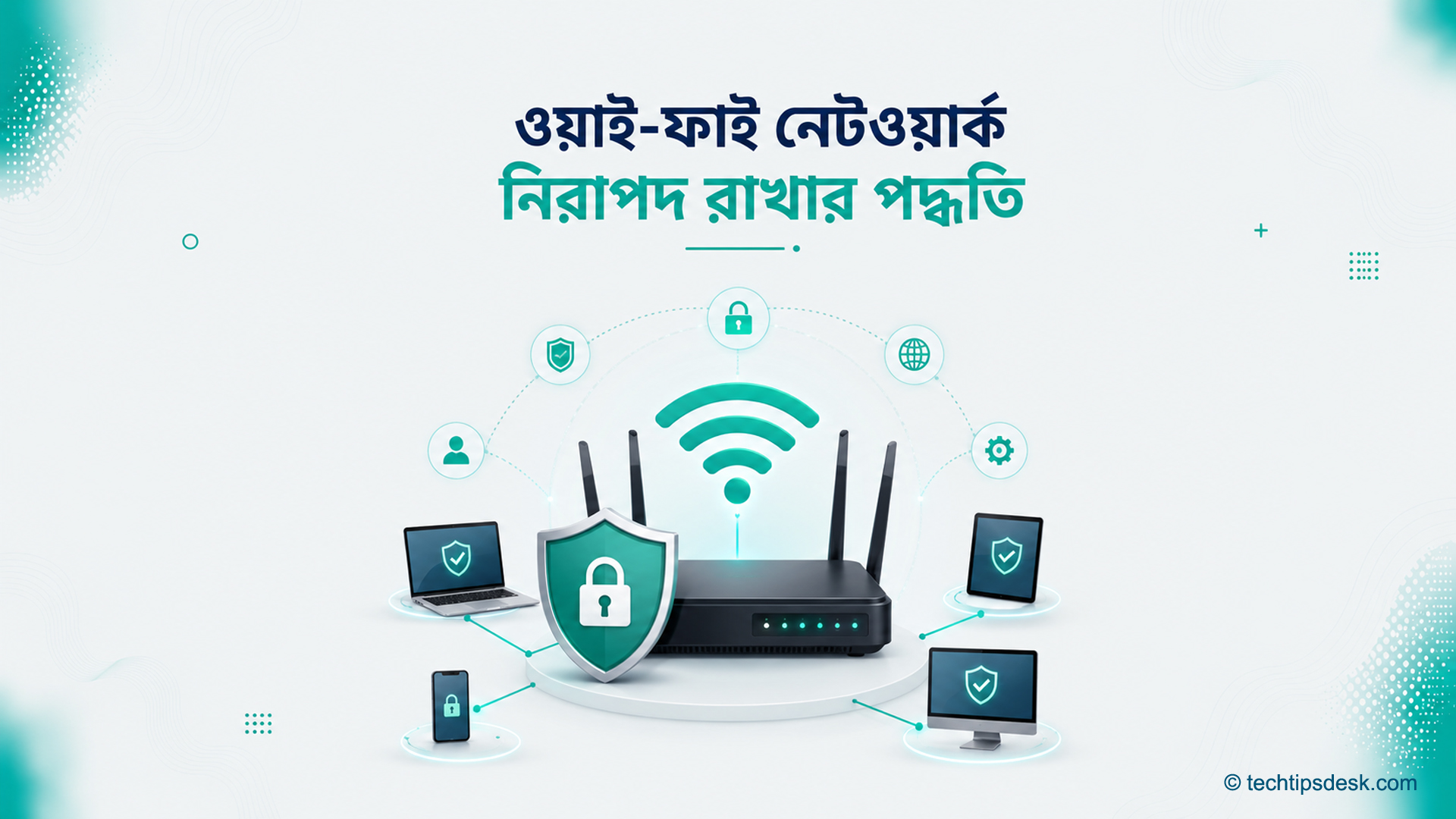নিরাপদ ওয়াই-ফাই রাউটার, সুরক্ষা ঢাল এবং সংযুক্ত কম্পিউটার ও মোবাইলের চিত্র ওয়াই-ফাই নেটওয়ার্ক নিরাপদ রাখার পদ্ধতি
