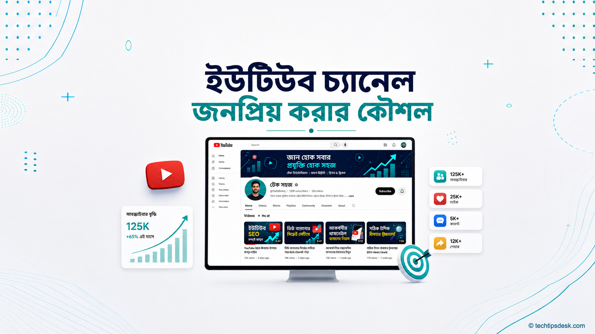 ইউটিউব চ্যানেল জনপ্রিয় করার কৌশল বোঝাতে চ্যানেল ড্যাশবোর্ড, ভিডিও, দর্শক ও বৃদ্ধির গ্রাফের ধারণামূলক ছবি